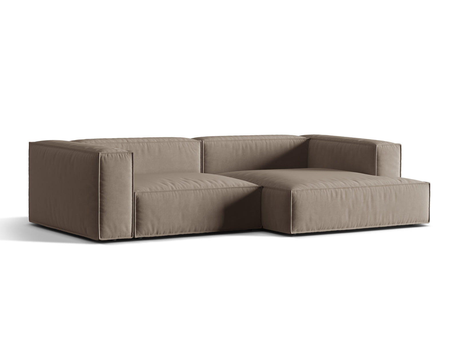 Elegantes Nuria Velour Ecksofa in Warm Grey, 4-Sitzer, modular und rechtsseitig, ideal für stilvolle Wohnräume.