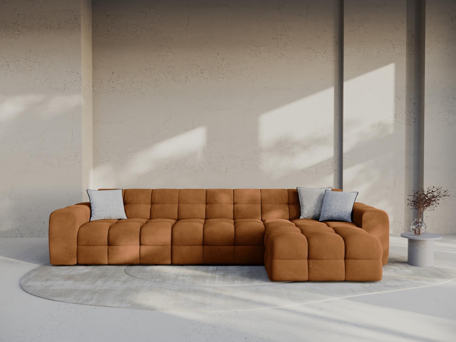 Erleben Sie das Kendal Velour Ecksofa rechts 5 Sitzer von Micadoni – elegantes Design, grosszügige Sitzfläche und unvergleichlicher Komfort für Ihr Wohnzimmer.