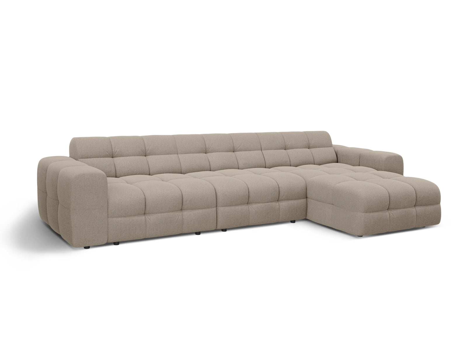 Modernes Kendal Ecksofa rechts, 5-Sitzer in edlem Dunkelbeige, perfekt für stilvolle Wohnzimmer und entspannte Stunden.