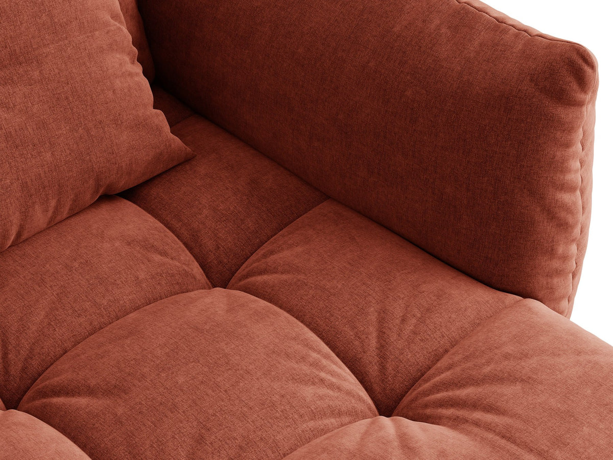 Beiges L-Sofa rechts Bloom von Micadoni mit Veloursstoff-Bezug Casino Pearl, schwarzen Kunststoffbeinen und sichtbarem Staufach unter der Sitzfläche.