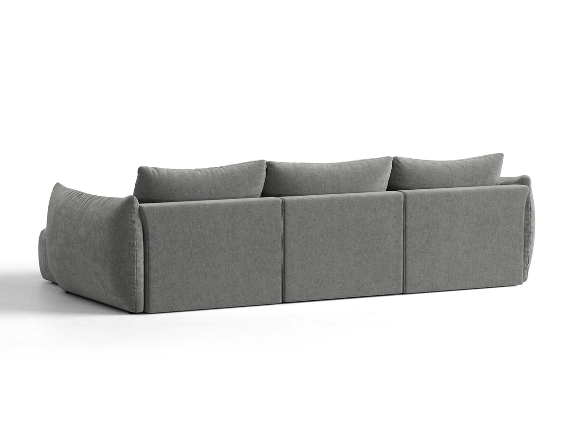 Beiges L-Sofa rechts Bloom von Micadoni mit Veloursstoff-Bezug Casino Pearl, schwarzen Kunststoffbeinen und sichtbarem Staufach unter der Sitzfläche.