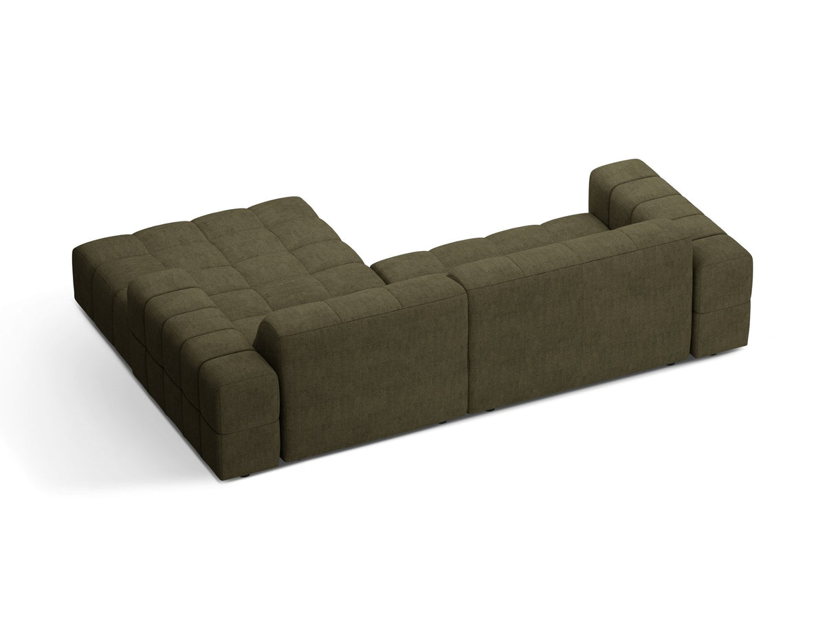 Jennifer Linkes Ecksofa von Micadoni in leichtem Beige, L-Form rechts, bezogen mit Chenille-Stoff Eden 2 Pearl, schwarze Kunststoffbeine.