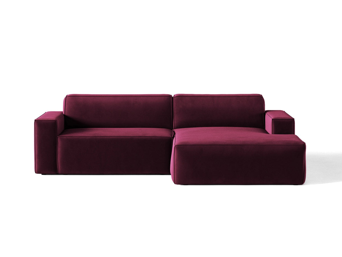 Ecksofa rechts Jodie von Micadoni in leichtem Beige mit Venus-Samtstoff, schwarzen Kunststoffbeinen und moderner modularer Form.