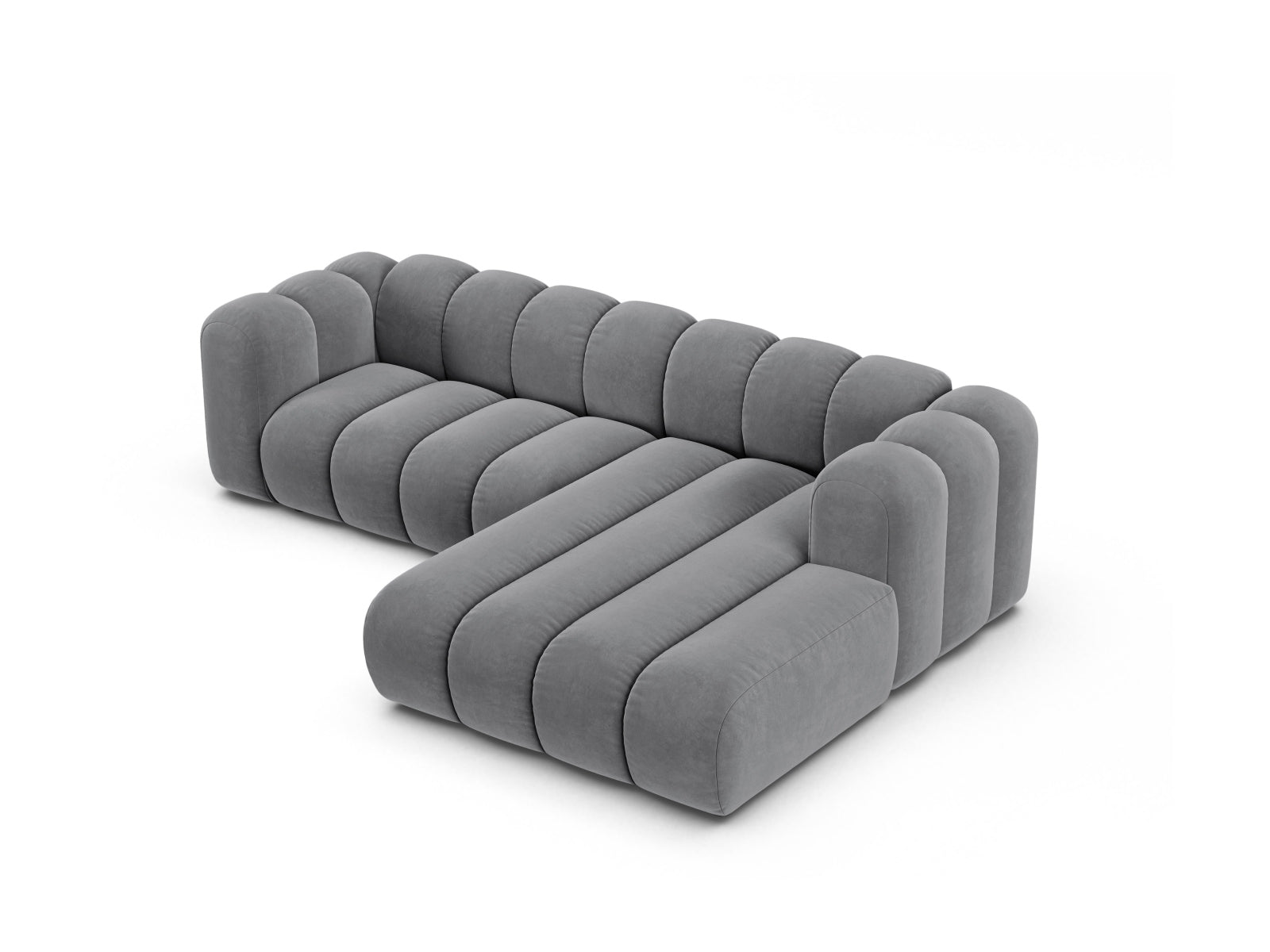 Modulares Ecksofa Lupine in edlem Veloursgrau, 4-Sitzer mit rechter Armlehne, perfekt für moderne Wohnkonzepte und gemütliche Abende.