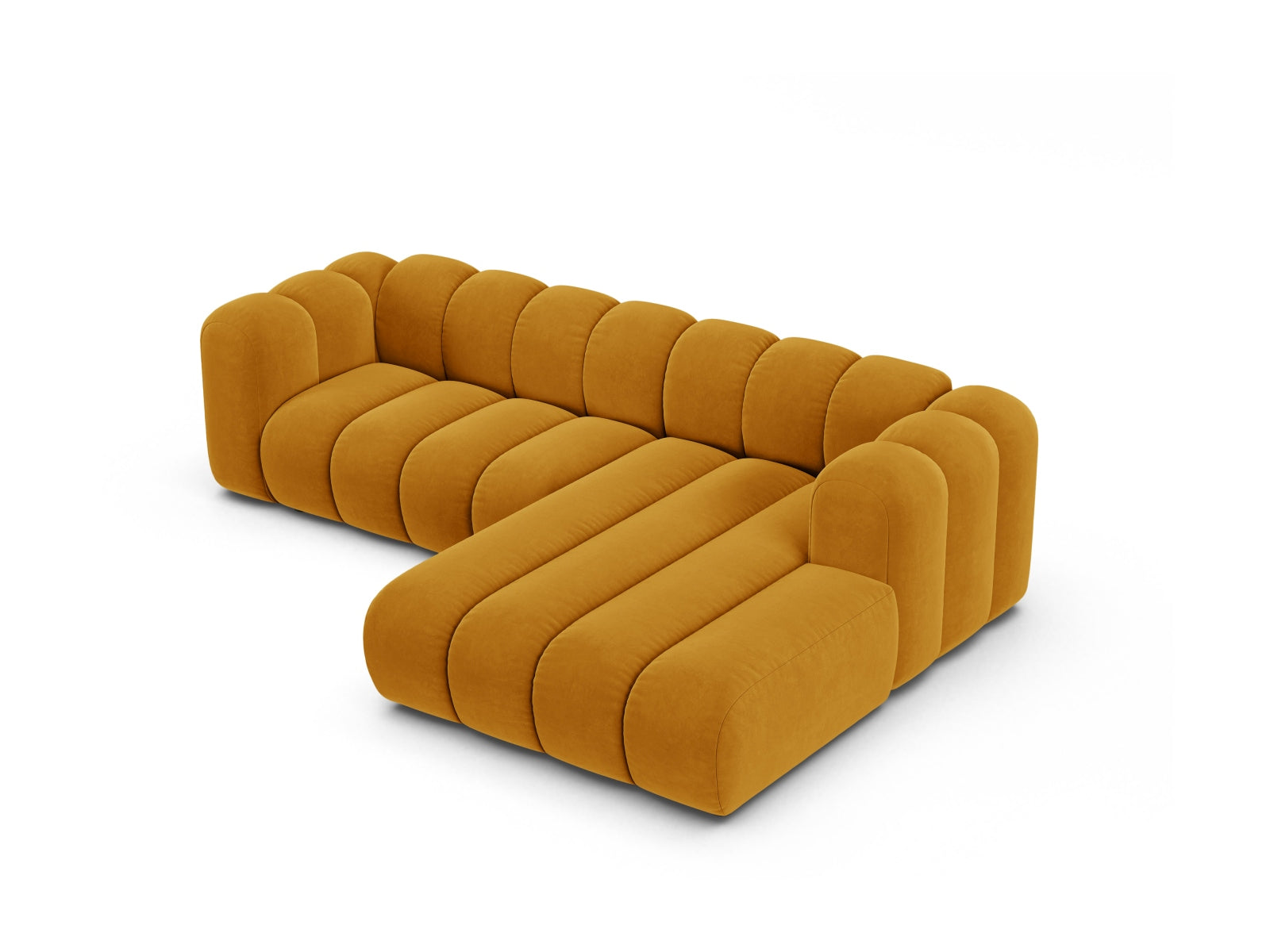 Modulares Ecksofa Lupine in edlem Velours, 4-Sitzer, rechtsseitig, perfekt für moderne Wohnkonzepte und gemütliche Abende.