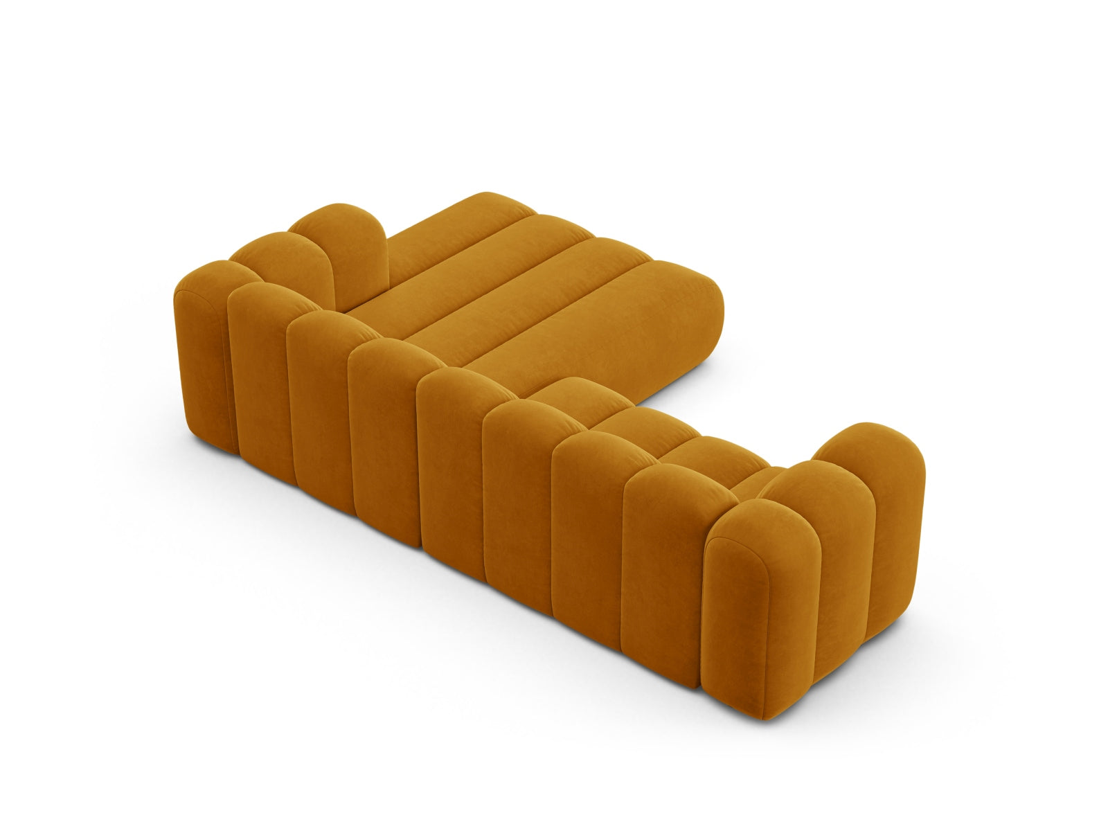 Elegantes, modulares Ecksofa Lupine aus weichem Velours, 4-Sitzer, rechtsseitig, ideal für stilvolle Wohnräume und entspannte Stunden.