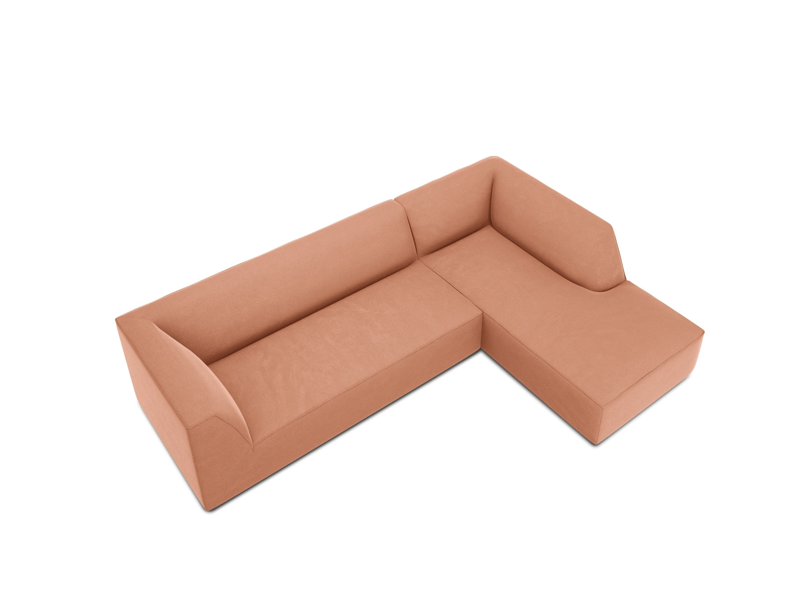 Elegantes modulares Ecksofa in edlem Ruby Velour, rechte Variante, ideal für gemütliche Stunden und geschmackvolle Wohnräume.
