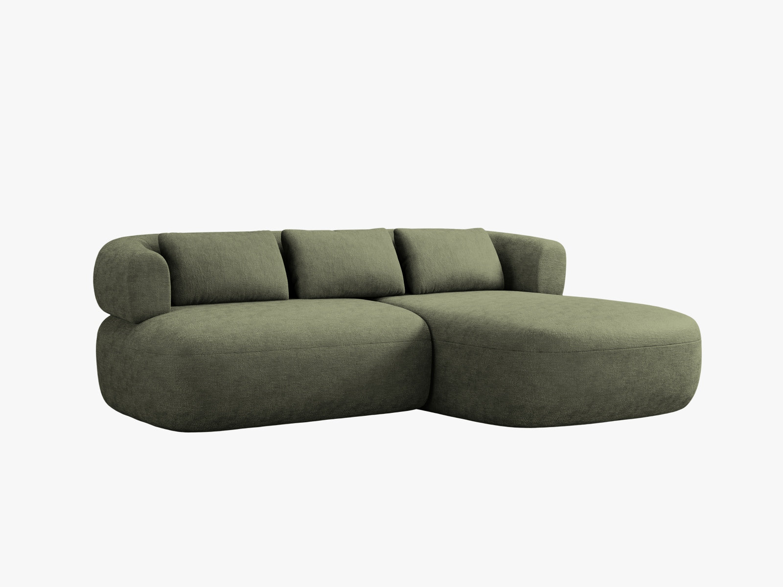 Modernes L-Sofa Jenny in ansprechendem Grün, bietet Platz für fünf Personen und vereint Komfort mit einem eleganten, zeitgemäßen Look.
