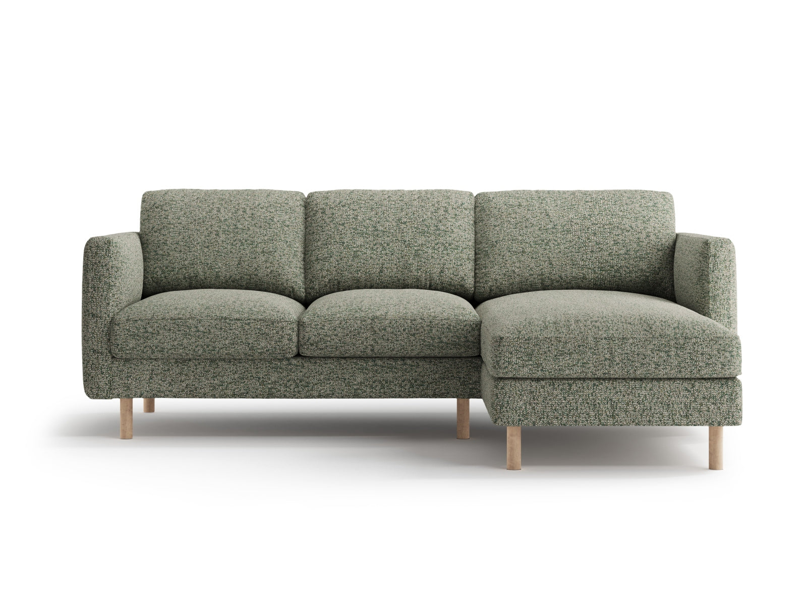 Elegantes Eden Ecksofa in Moss Green Melange, ideal für stilvolle Wohnräume und gesellige Stunden mit Familie und Freunden.