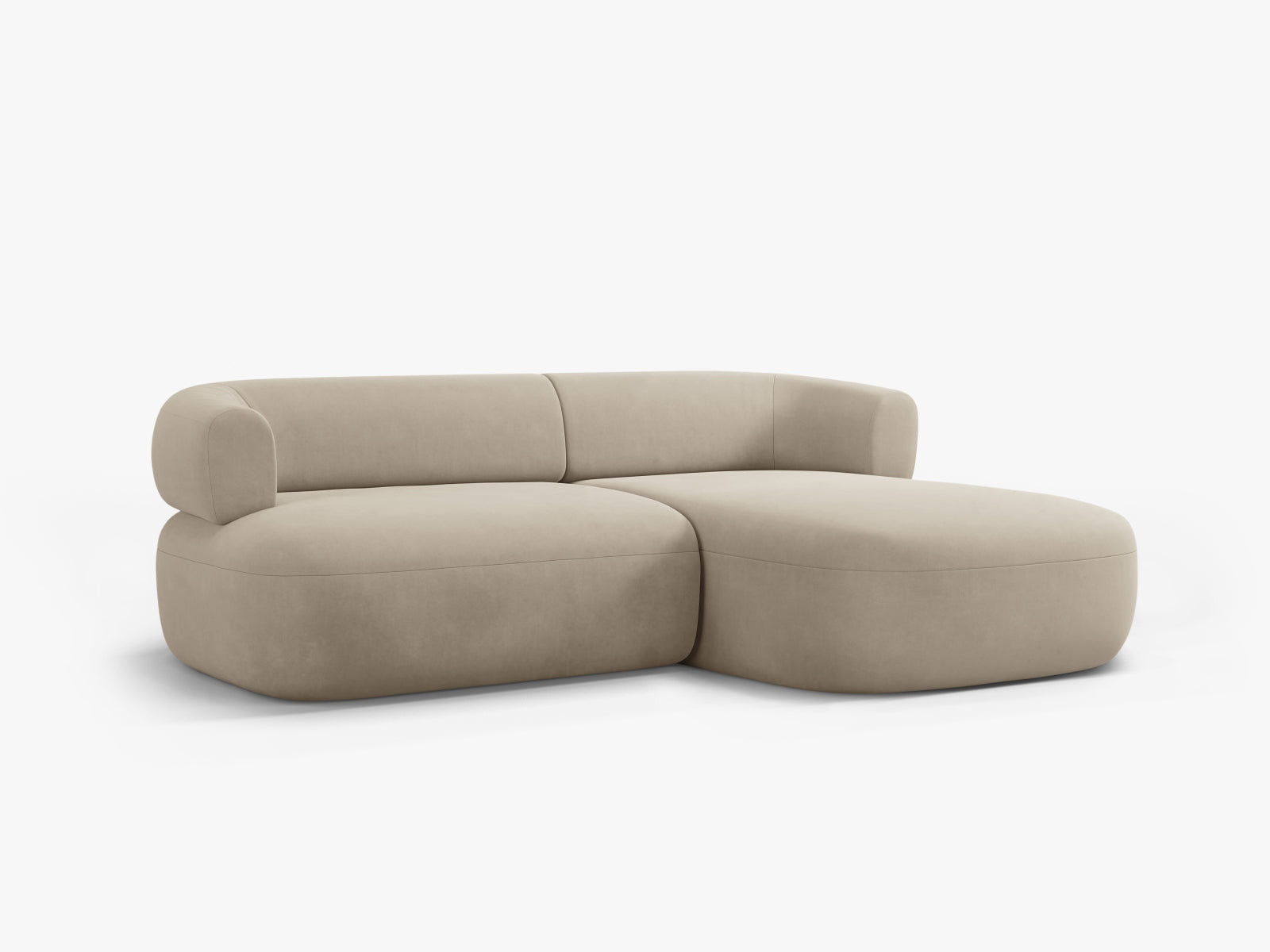 Elegantes beiges Velours Ecksofa Jenny, 5-Sitzer, rechts, vereint modernes Design mit gemütlichem Sitzkomfort für Ihr Zuhause.
