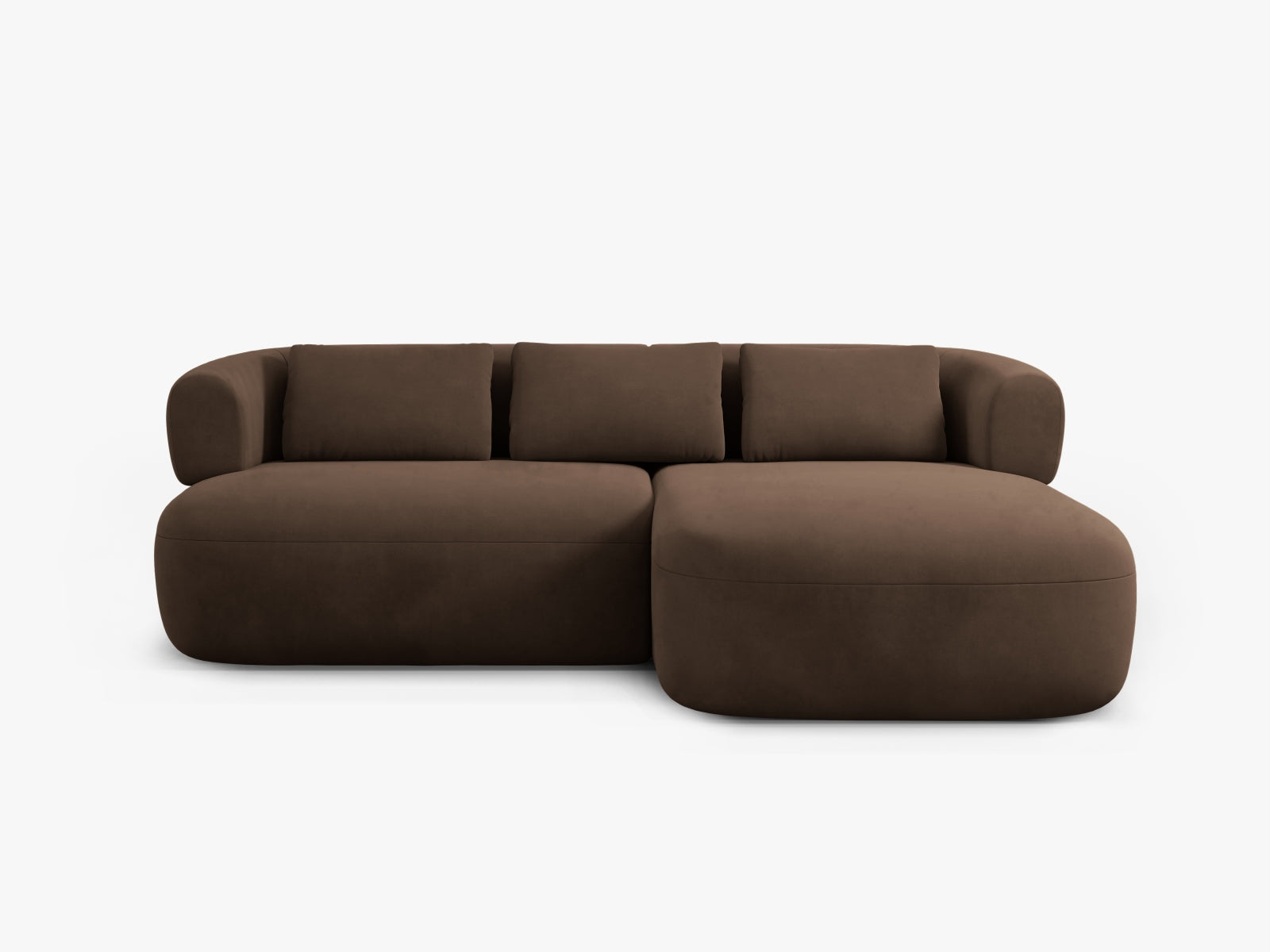 Elegantes 5-Sitzer Ecksofa Jenny aus weichem Velours, rechtsseitig, in luxuriösem Chocolate-Salvador, ideal für stilvolle Wohnräume.