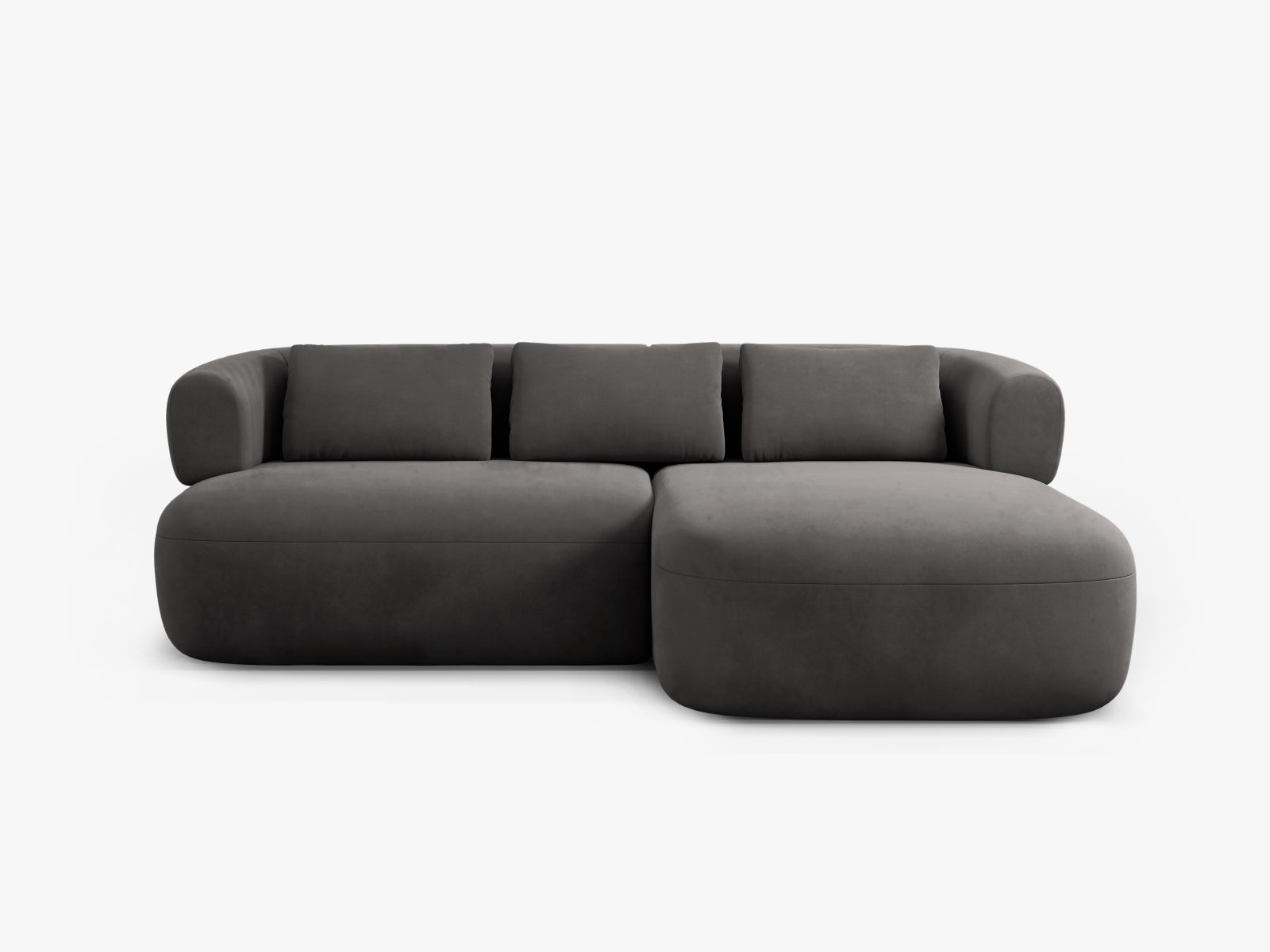 Elegantes 5-Sitzer Ecksofa Jenny aus weichem Velours, rechtsseitig, in stilvollem Dunkelgrau – ideal für gemütliche Wohnräume.