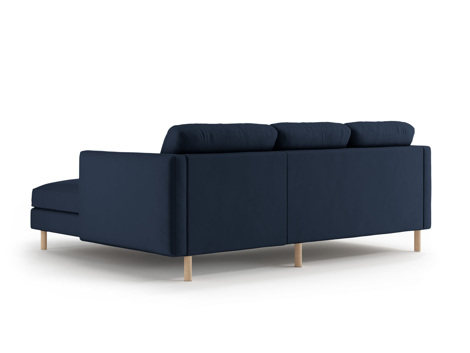 Elegantes 3-Sitzer Ecksofa Eden aus weichem Velours, rechtsseitig, in einem modernen Blauton, perfekt für stilvolle Wohnräume.