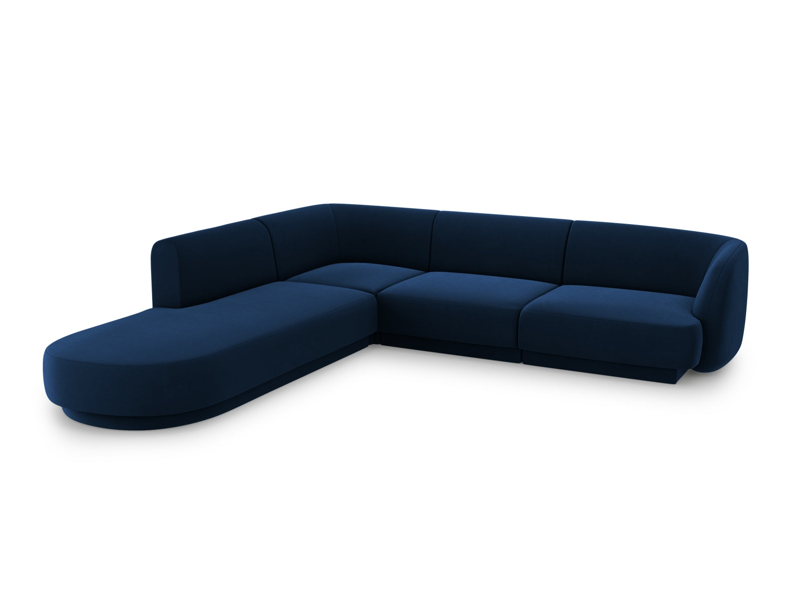 Elegantes Miley Velour Ecksofa links in Royal Blue, 6-Sitzer, ideal für stilvolle Wohnräume, erhältlich bei KAQTU Design AG.