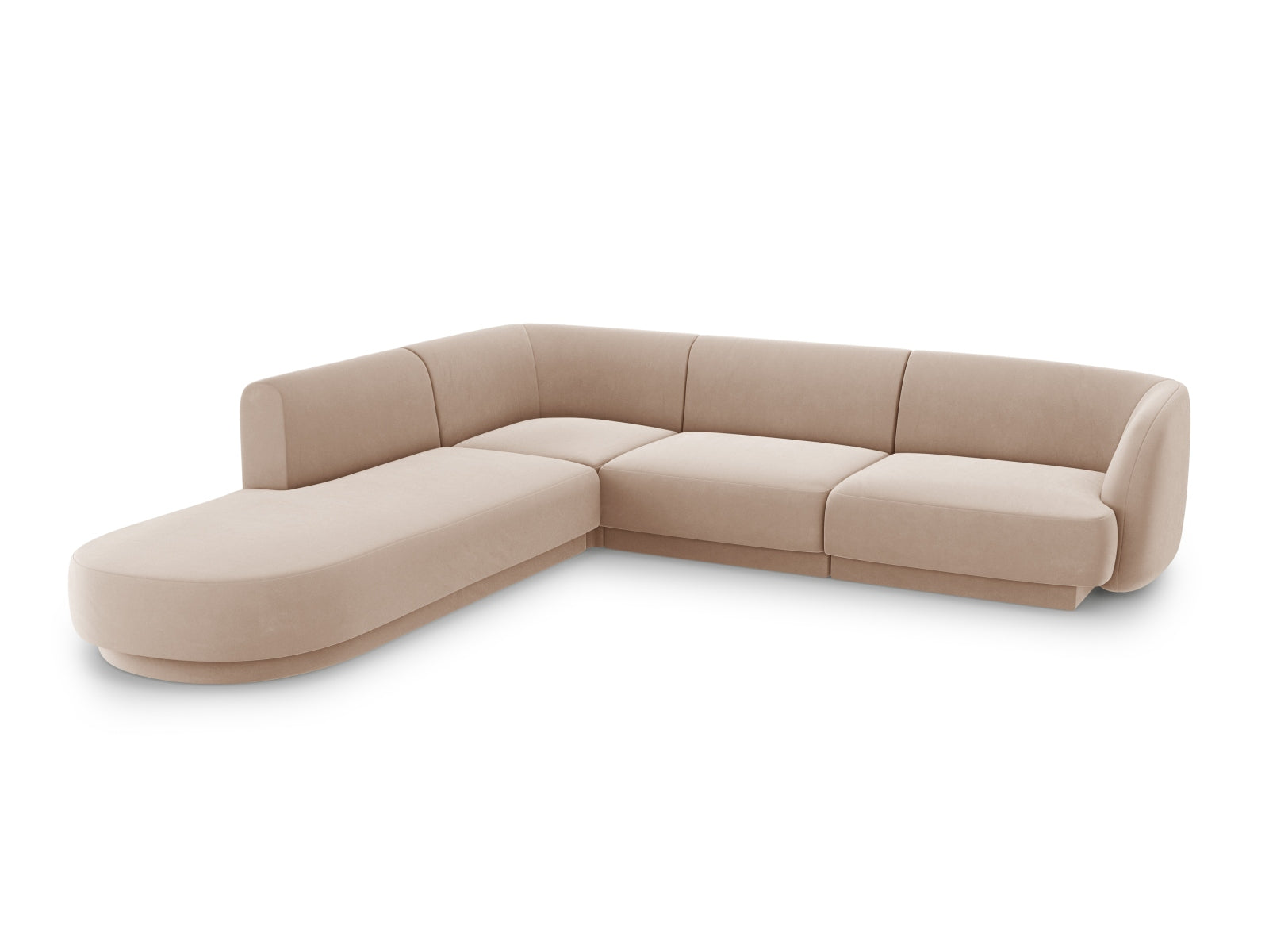 Elegantes Miley Velour Ecksofa links für 6 Personen in stilvollem Cappuccino-Bluvel, ideal für moderne Wohnräume.