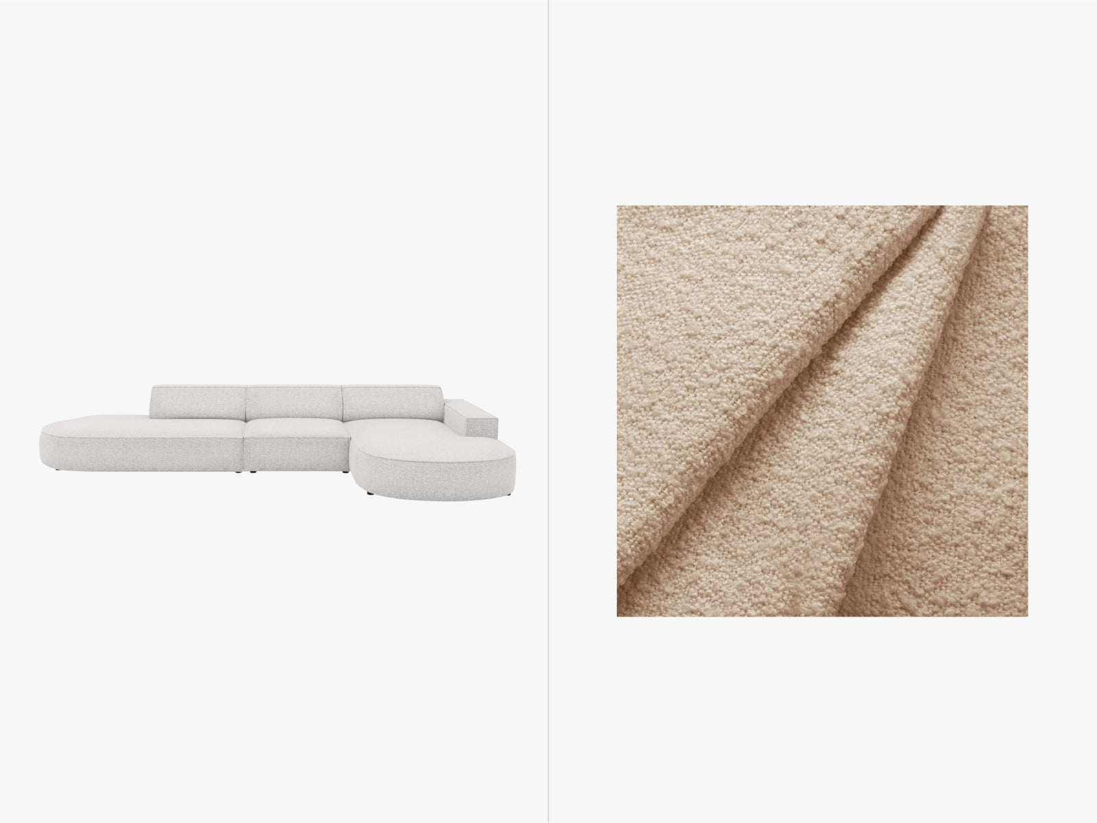Erleben Sie das Jodie Boucle Ecksofa rechts von Micadoni – ein modulares 4-Sitzer Sofa, das Eleganz, Komfort und Anpassungsfähigkeit in Ihr Zuhause bringt.