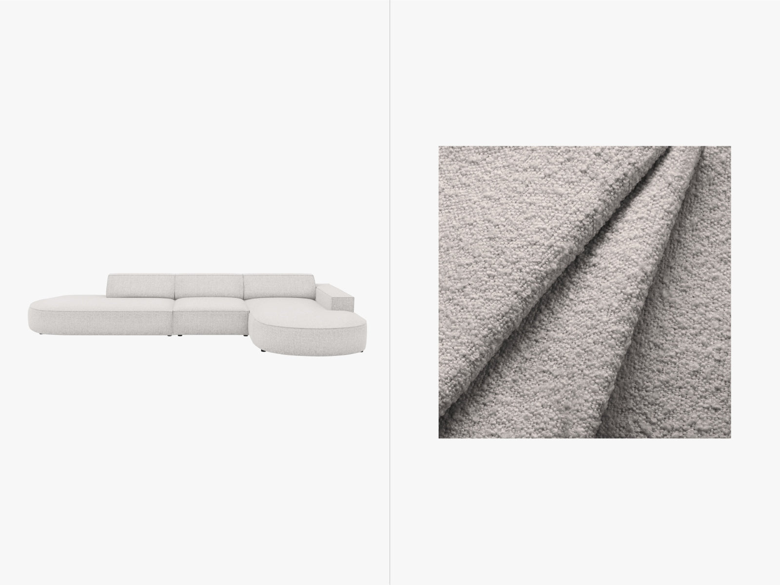 Erleben Sie das Jodie Boucle Ecksofa rechts von Micadoni – ein modulares 4-Sitzer Sofa, das Eleganz, Komfort und Anpassungsfähigkeit in Ihr Wohnzimmer bringt.