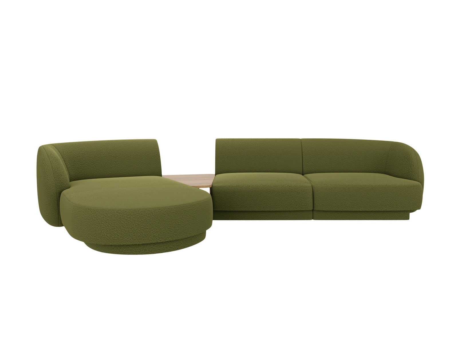 Elegantes Miley 3-Sitzer L-Sofa links in sattem Olivgrün, ideal für moderne Wohnkonzepte und entspannte Stunden mit Freunden.