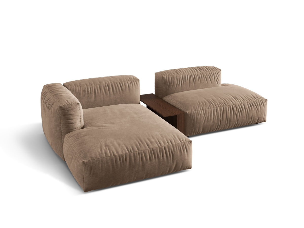 Stylisches Martina L-Sofa links mit 2 Sitzen und praktischem Beistelltisch in edlem Dunkelbeige, perfekt für zeitgemäße Inneneinrichtungen.