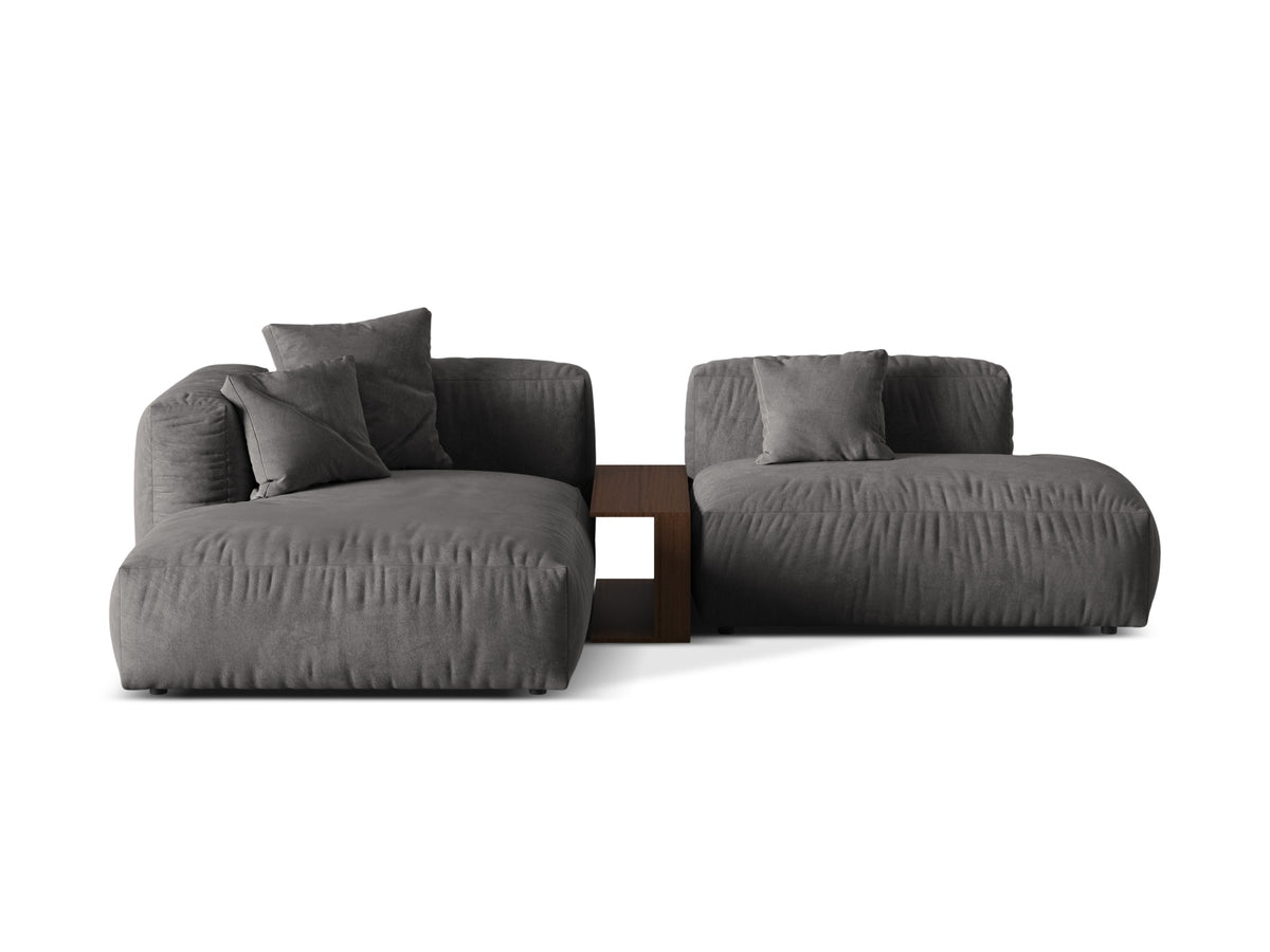 Modernes Martina L-Sofa links mit zwei Sitzen und praktischem Beistelltisch in trendigem Green-Vogue, perfekt für stilvolle Wohnräume.