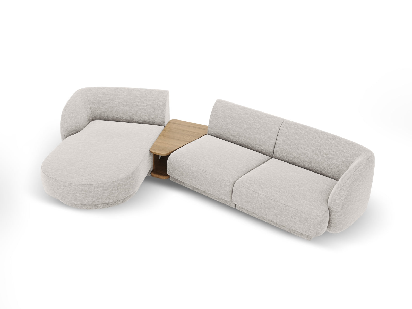 Modernes 3-Sitzer Miley L-Sofa in sanftem Grau, perfekt für gemütliche und stilvolle Wohnbereiche, erhältlich bei Micadoni.