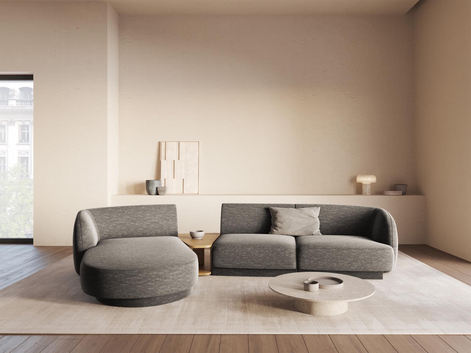 Elegantes Miley Modulares Sofa links 3 Sitzer in stilvollem Grau, ideal für moderne Wohnräume, präsentiert von Micadoni.