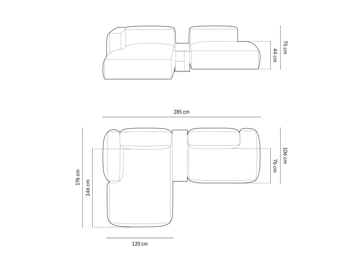Modernes Martina L-Sofa links mit 2 Sitzen und praktischem Beistelltisch in sanftem Beige, perfekt für gemütliche Wohnbereiche.