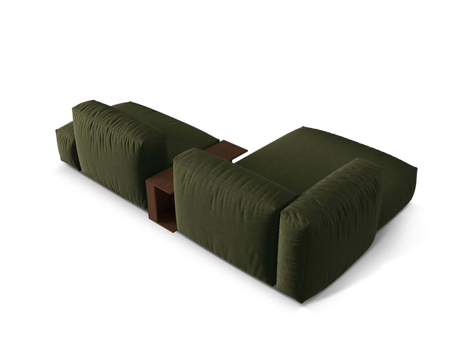 Elegantes Martina Ecksofa links mit zwei Sitzplätzen und integriertem Beistelltisch in modernem Green-Boston, ideal für stilvolle Wohnräume.