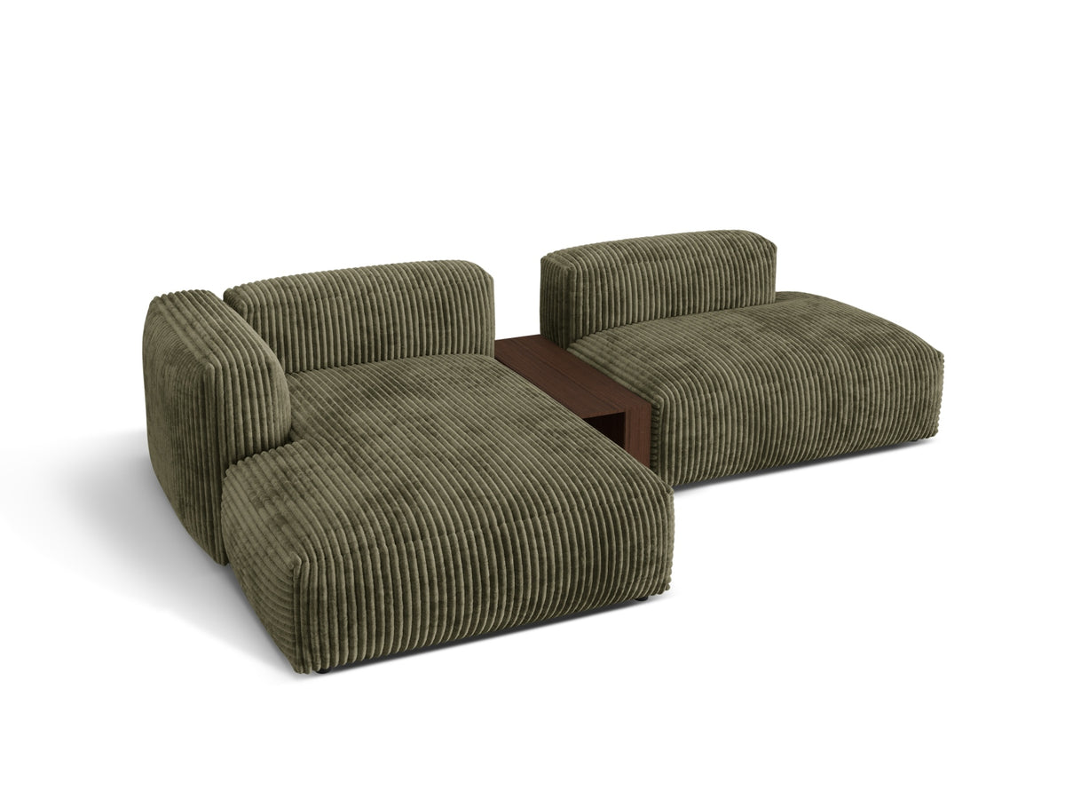 Stylisches Martina L-Sofa links mit 2 Sitzen und praktischem Beistelltisch in trendigem Moss Green-Tilia, perfekt für zeitgemäße Einrichtung.