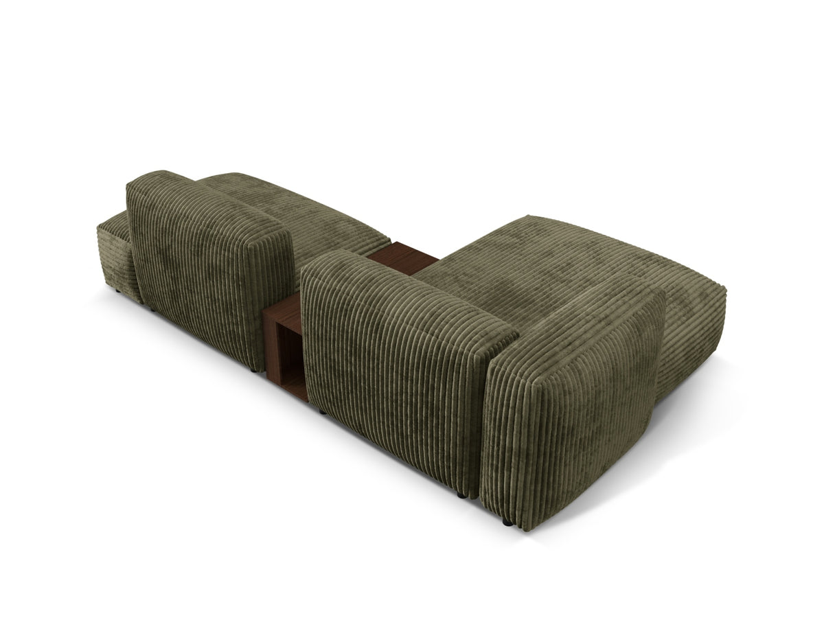 Elegantes Martina Ecksofa links mit 2 Sitzen und integriertem Beistelltisch in modernem Moss Green-Tilia, ideal für stilvolle Wohnräume.