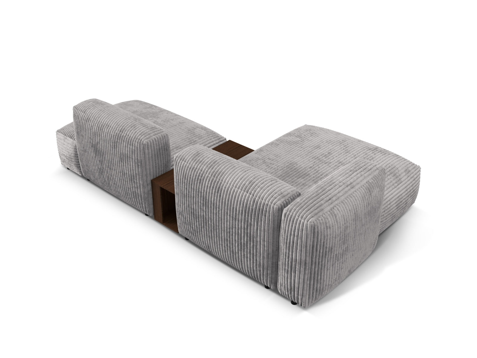Modernes, graues L-Sofa Martina mit zwei Sitzen auf der linken Seite und integriertem Beistelltisch, perfekt für gemütliche Wohnzimmer.