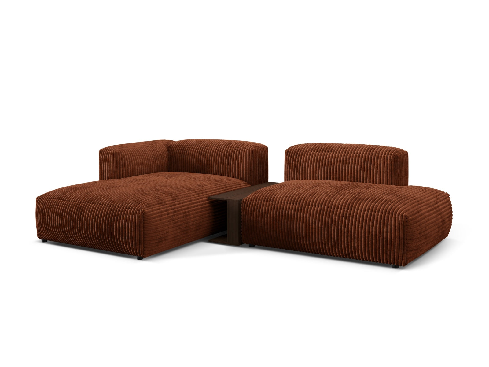 Elegantes Martina Ecksofa links mit zwei Sitzen und integriertem Beistelltisch, ideal für stilvolle und komfortable Wohnräume.
