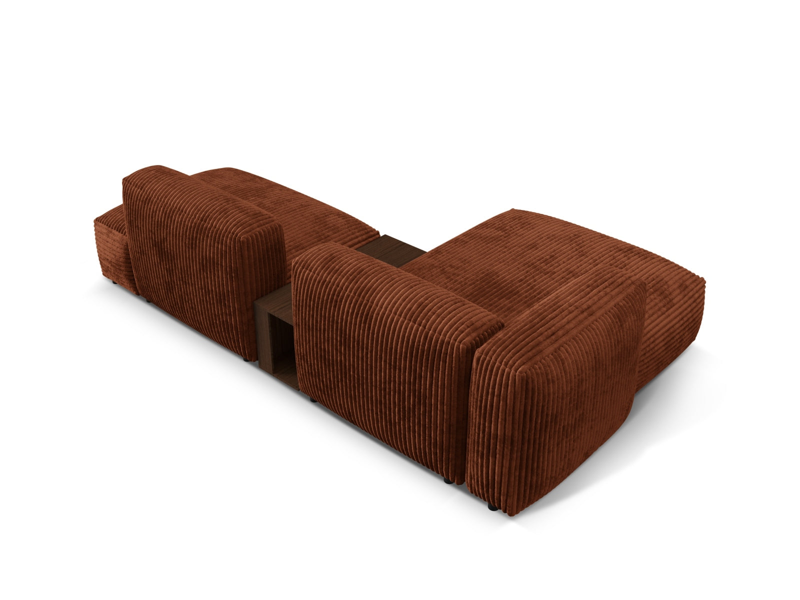 Elegantes Martina Ecksofa links mit zwei Sitzen und integriertem Beistelltisch, ideal für stilvolle und komfortable Wohnräume.
