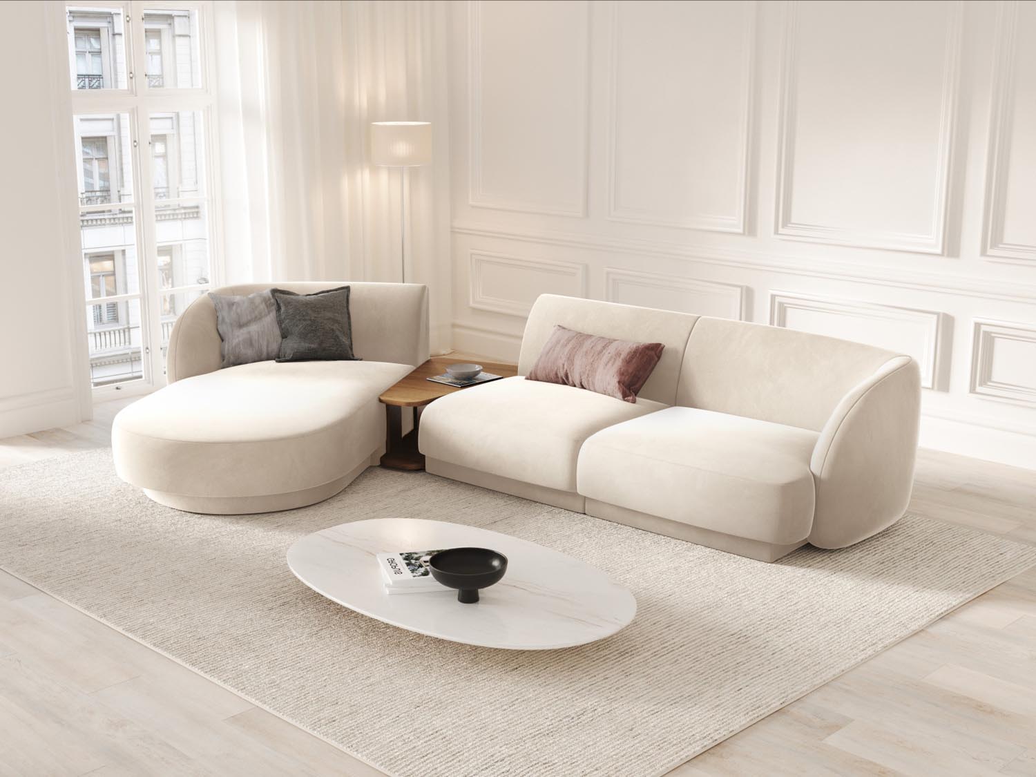 Elegantes Miley Velour Sofa in Light Beige-Bluvel, linksseitig, 3-Sitzer, ideal für stilvolle Wohnräume, präsentiert von Micadoni.