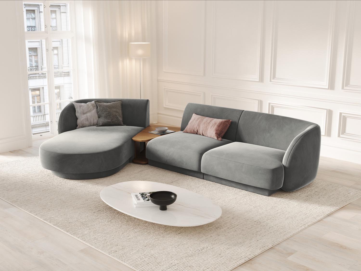 Elegantes Miley Velour Sofa in Hellgrau, linksseitig, 3-Sitzer, ideal für stilvolle Wohnräume, präsentiert von Micadoni.