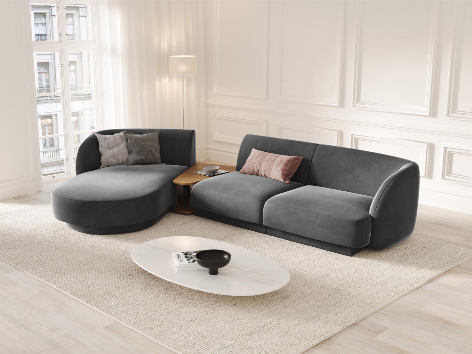 Elegantes Miley Velour Sofa in Grau-Blau, linksseitig, 3-Sitzer, ideal für stilvolle Wohnräume, präsentiert von Micadoni.