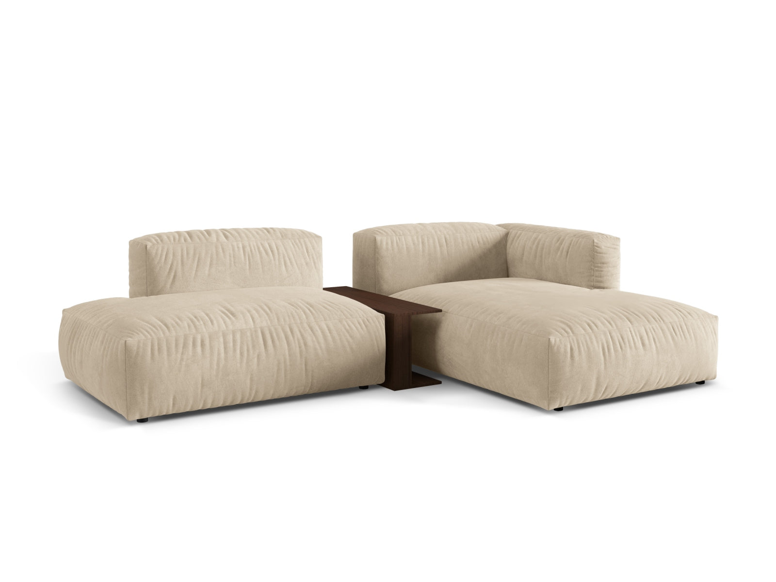 Elegantes, hellbeiges Martina Ecksofa für zwei Personen mit integriertem Beistelltisch, perfekt für stilvolle und einladende Wohnbereiche.