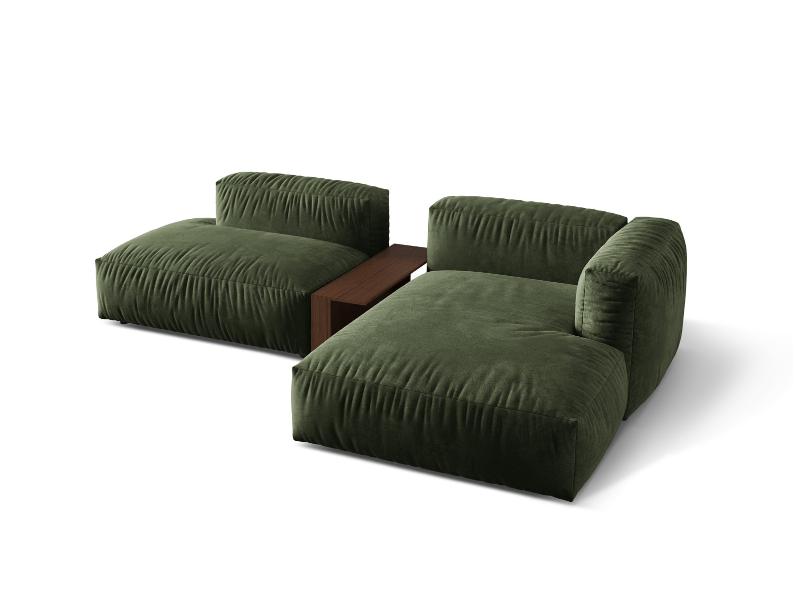 Modernes Martina L-Sofa in sanftem Grün, rechtsseitig mit praktischem Beistelltisch, perfekt für gemütliche Wohnzimmergestaltung.