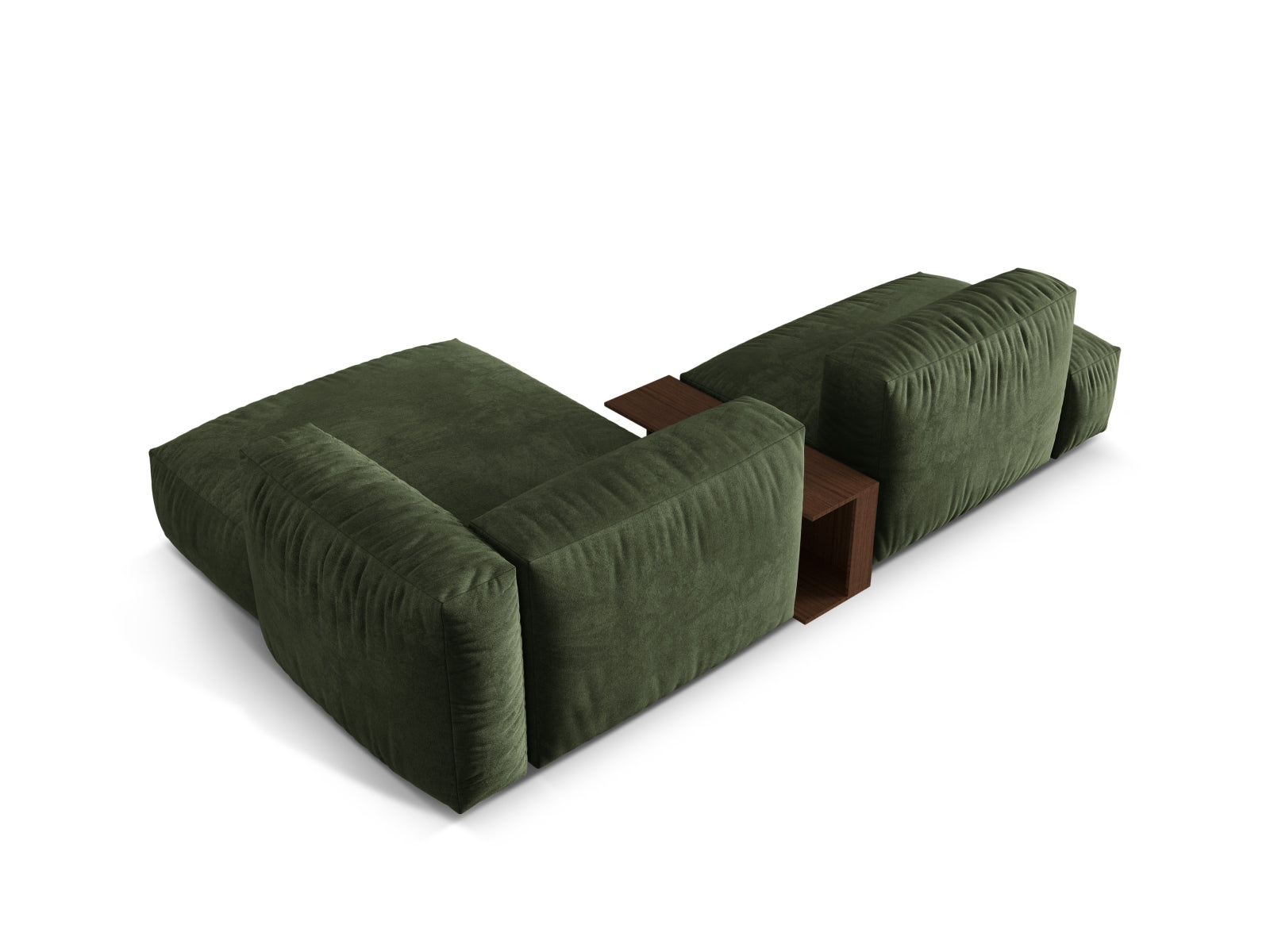 Elegantes Martina Ecksofa in sanftem Grün, 2-Sitzer mit integriertem Beistelltisch, ideal für stilvolle und komfortable Wohnräume.
