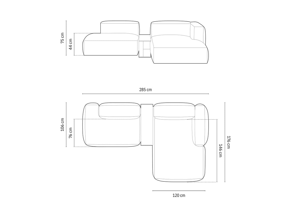 Elegantes, modulares Ecksofa in Petrol mit zwei Sitzplätzen und praktischem Beistelltisch, ideal für stilvolle Wohnräume.