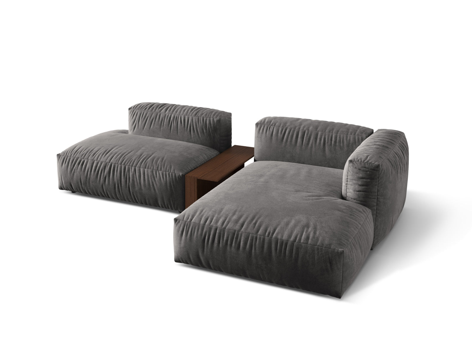 Modulares Ecksofa Martina in sanftem Grün, 2-Sitzer mit praktischem Beistelltisch, perfekt für moderne Wohnkonzepte.