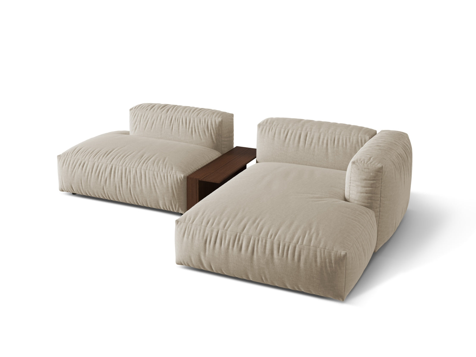 Modernes Martina Ecksofa in hellem Beige, ausgestattet mit einem praktischen Beistelltisch, perfekt für gemütliche und stilvolle Wohnbereiche.