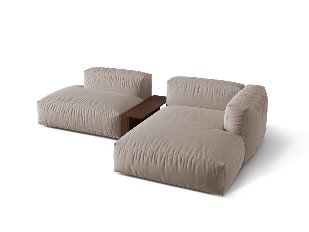 Modulares Ecksofa Martina in Dunkelbeige, rechtsseitig, mit integriertem Beistelltisch – stilvoll und funktional für jedes Wohnzimmer.