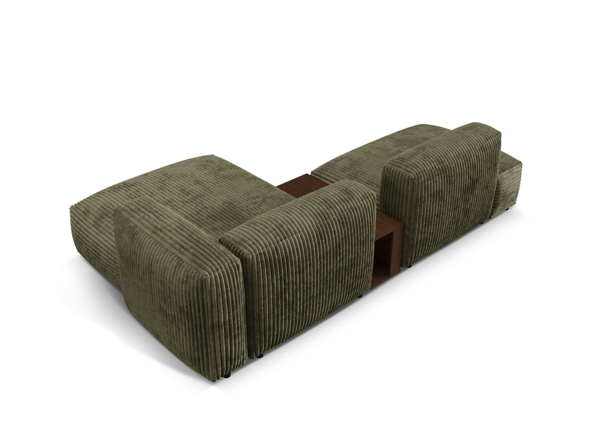 Elegantes Martina Ecksofa in Moss Green-Tilia, 2-Sitzer mit praktischem Beistelltisch, ideal für stilvolle und komfortable Wohnräume.