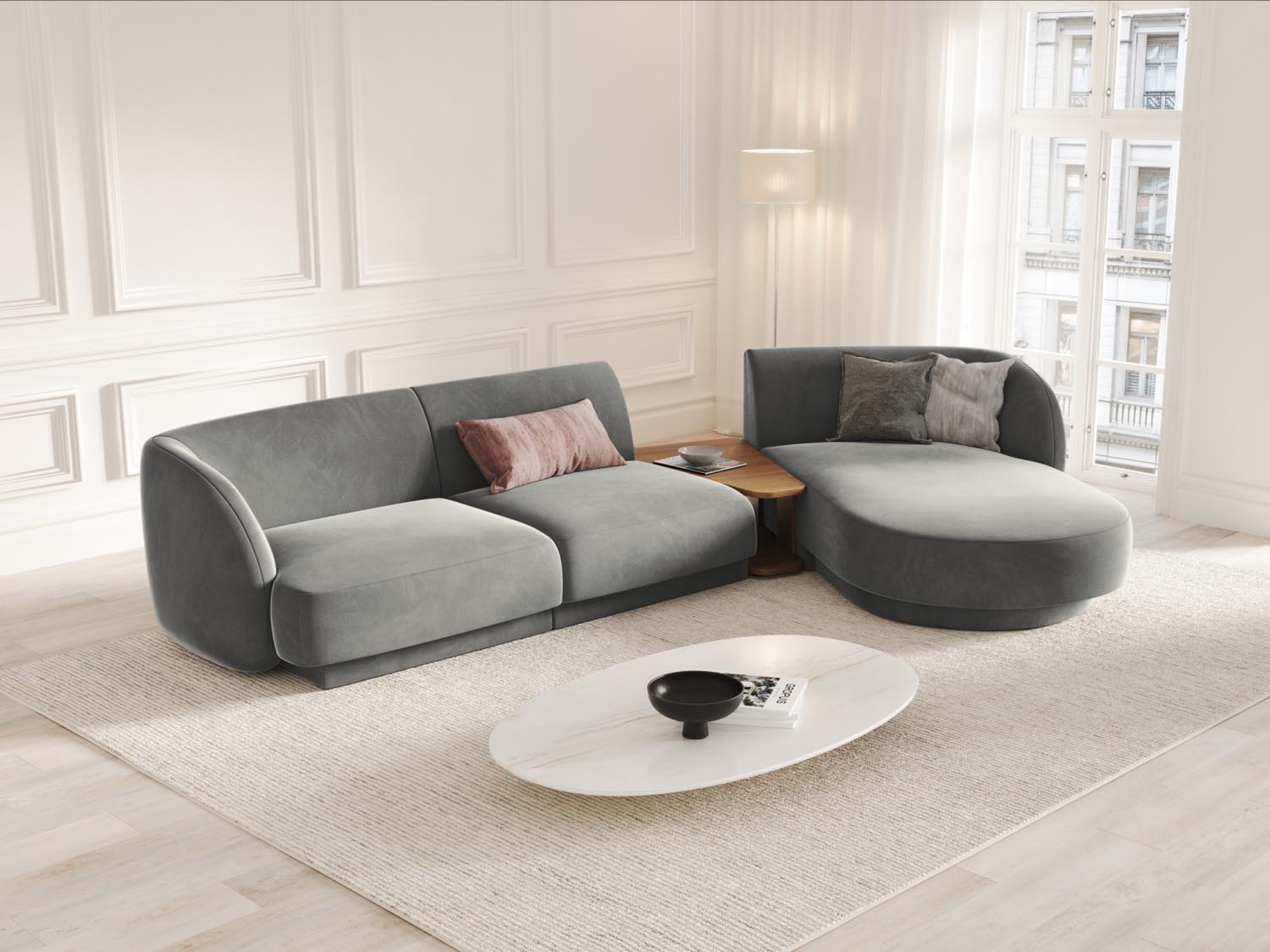 Elegantes Miley Velour Sofa in Hellgrau, 3-Sitzer, modulares Design, ideal für stilvolle Wohnräume, präsentiert von Micadoni.