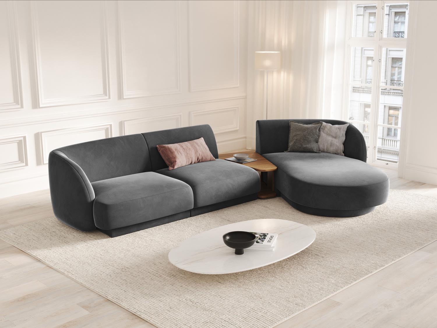 Elegantes Miley Velour Sofa in Grau-Blau, 3-Sitzer, modulares Design, ideal für stilvolle Wohnräume, präsentiert von Micadoni.