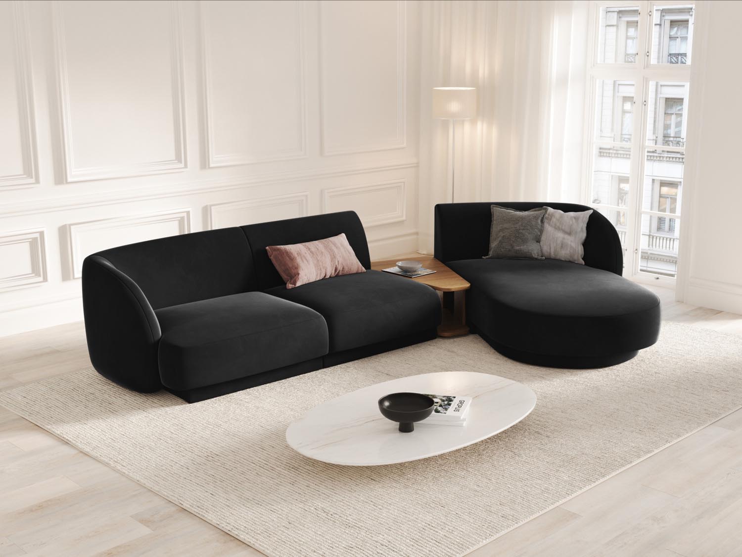 Elegantes Miley Velour Sofa in Schwarz-Bluvel, 3-Sitzer, modulare L-Form, ideal für stilvolle Wohnräume, präsentiert von Micadoni.