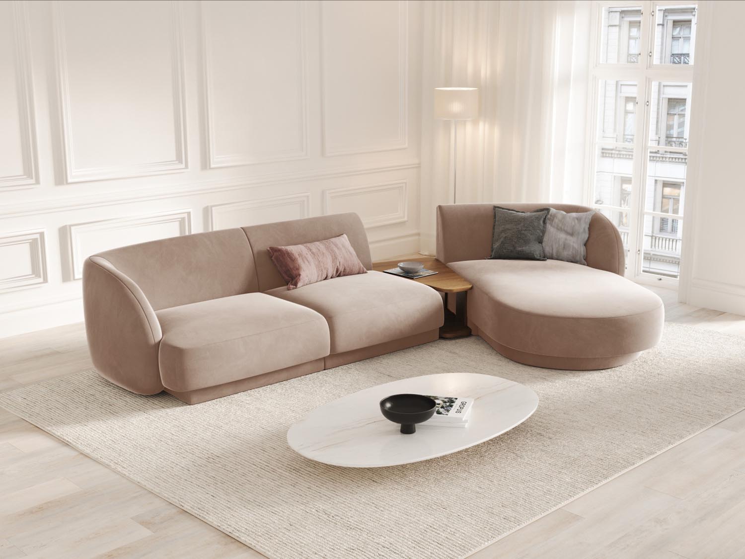 Elegantes Miley Velour Sofa in Cappuccino, 3-Sitzer, modulares Design, ideal für stilvolle Wohnräume, präsentiert von Micadoni.