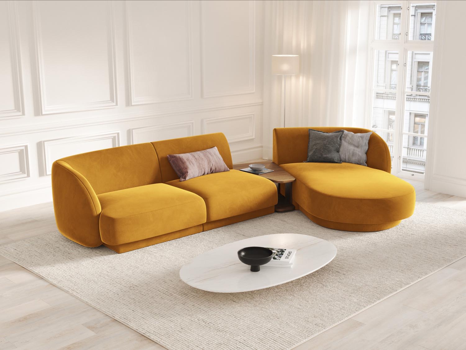 Elegantes Miley Velour Sofa in Gelb-Blau, 3-Sitzer, modulares Design, ideal für stilvolle Wohnräume, präsentiert von Micadoni.