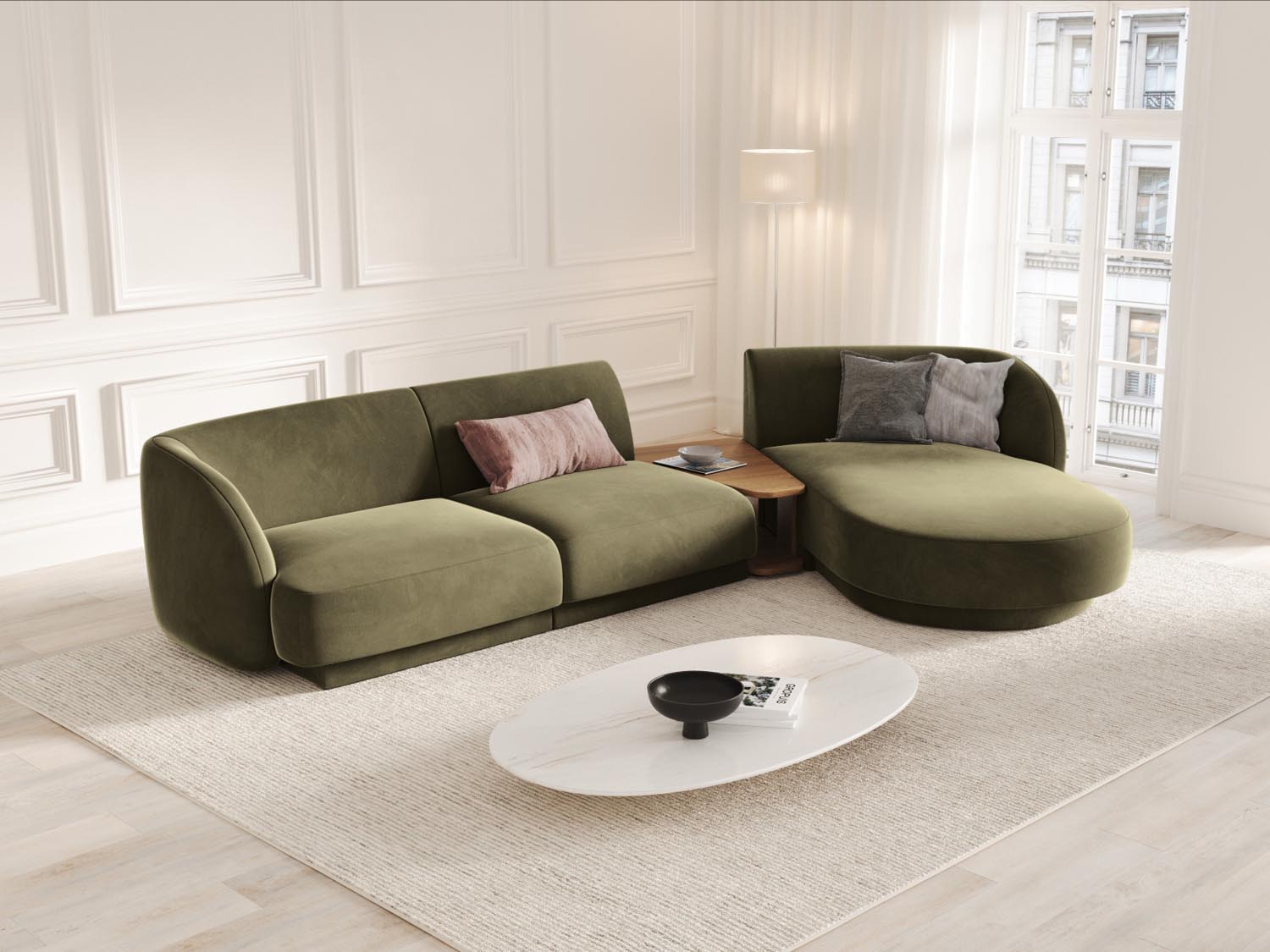 Elegantes Miley Velour Sofa in Grün-Blau, 3-Sitzer, modulares Design, ideal für stilvolle Wohnräume, präsentiert von Micadoni.